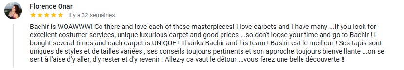 Avis 5 étoiles d'un client satisfait de nos tapis uniques et de qualité, ainsi que de notre service client.